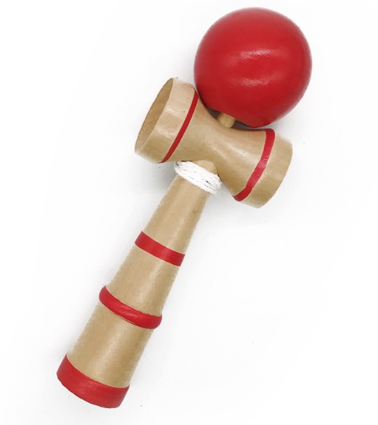 Jucarie Kendama Joc de indemanare din lemn antistres cu dungi rosii